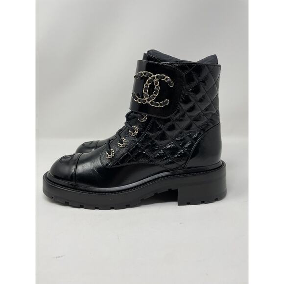 Chanel Brave Leather Quilted Combat Boots Patent Black, NIB 37.5 - Picture 1 of 9